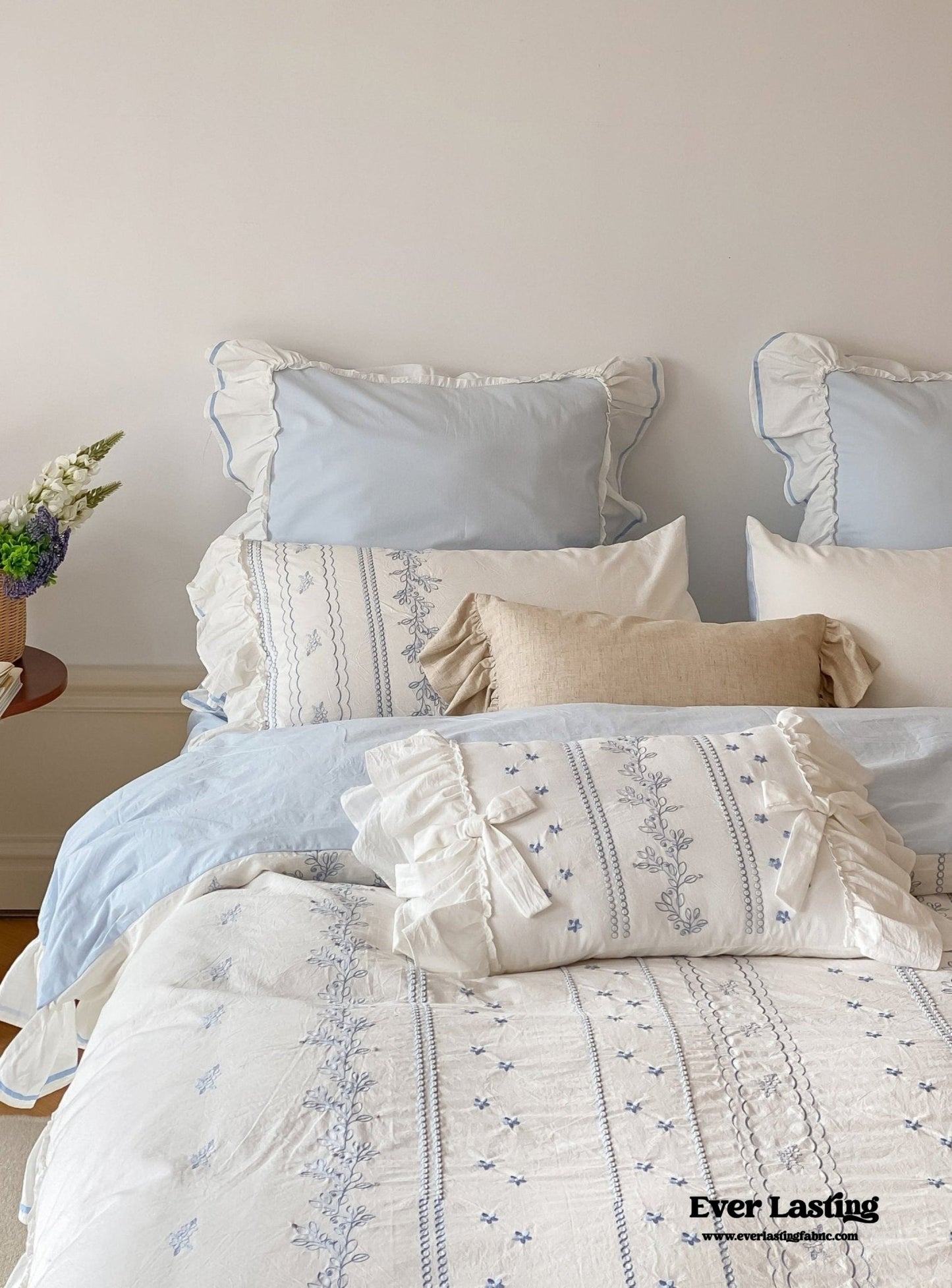 Embroidered French Lace Ruffle Duvet Cover / Blue