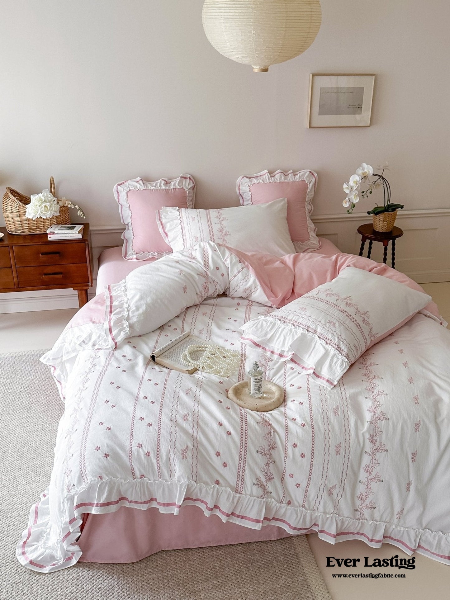 Embroidered French Lace Ruffle Duvet Cover / Blue