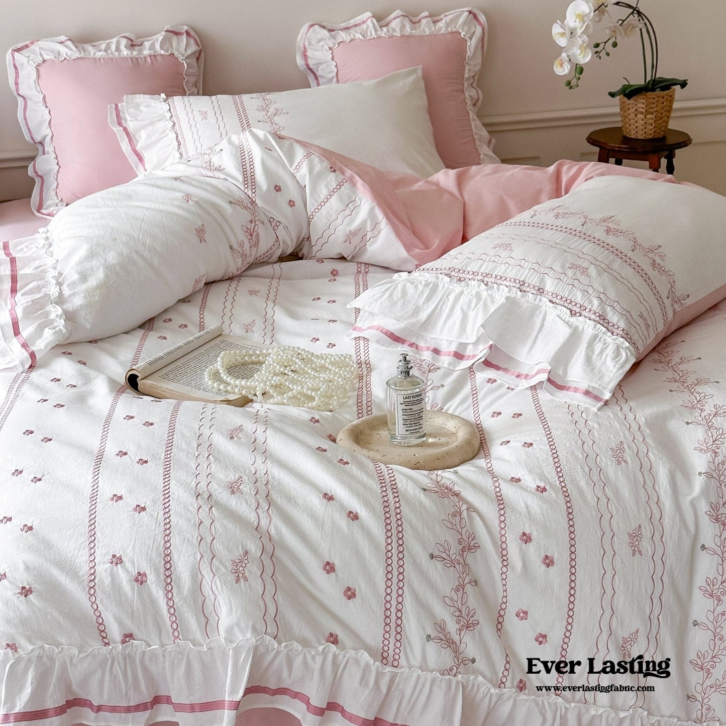 Embroidered French Lace Ruffle Duvet Cover / Blue