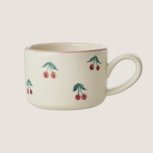 Ceramic Cappuccino Cup with Hand Painted Cherries - 6.7 oz