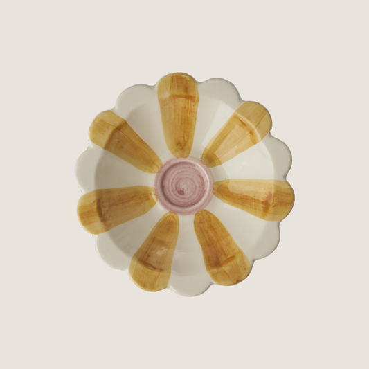 Ceramic Flower Dipping Bowl with Yellow Hand Painted Stripes