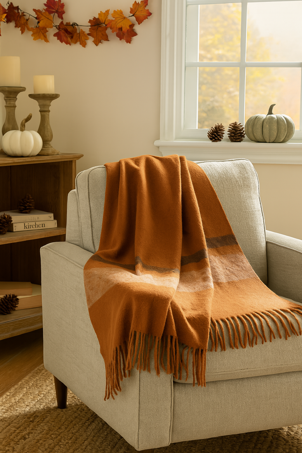 Brushed Orange Throw Blanket with Stripes & Fringe