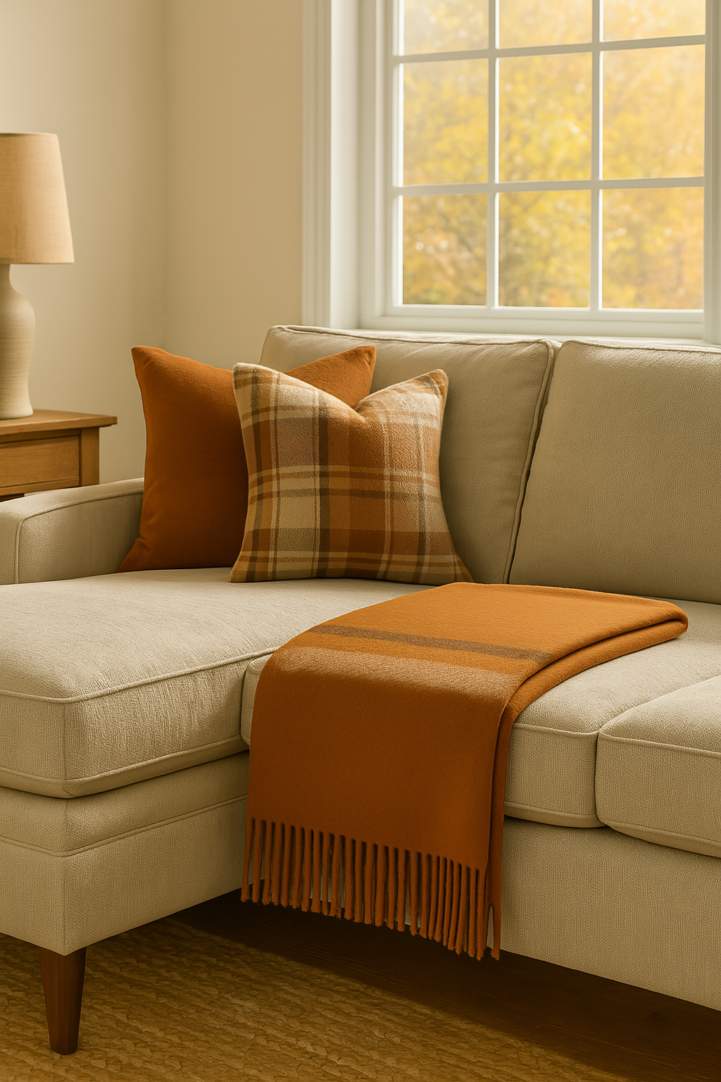 Brushed Orange Throw Blanket with Stripes & Fringe