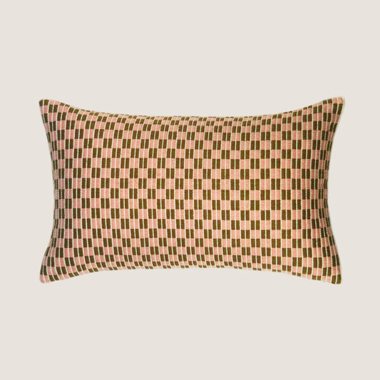 Checkered Brocade Pillow - Pink & Umber