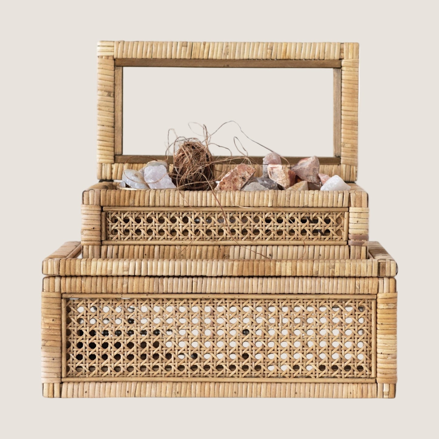 Woven Rattan Wood Display Boxes with Glass Lid | 2 Sizes