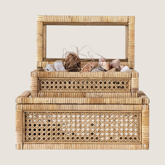 Woven Rattan Wood Display Boxes with Glass Lid | 2 Sizes
