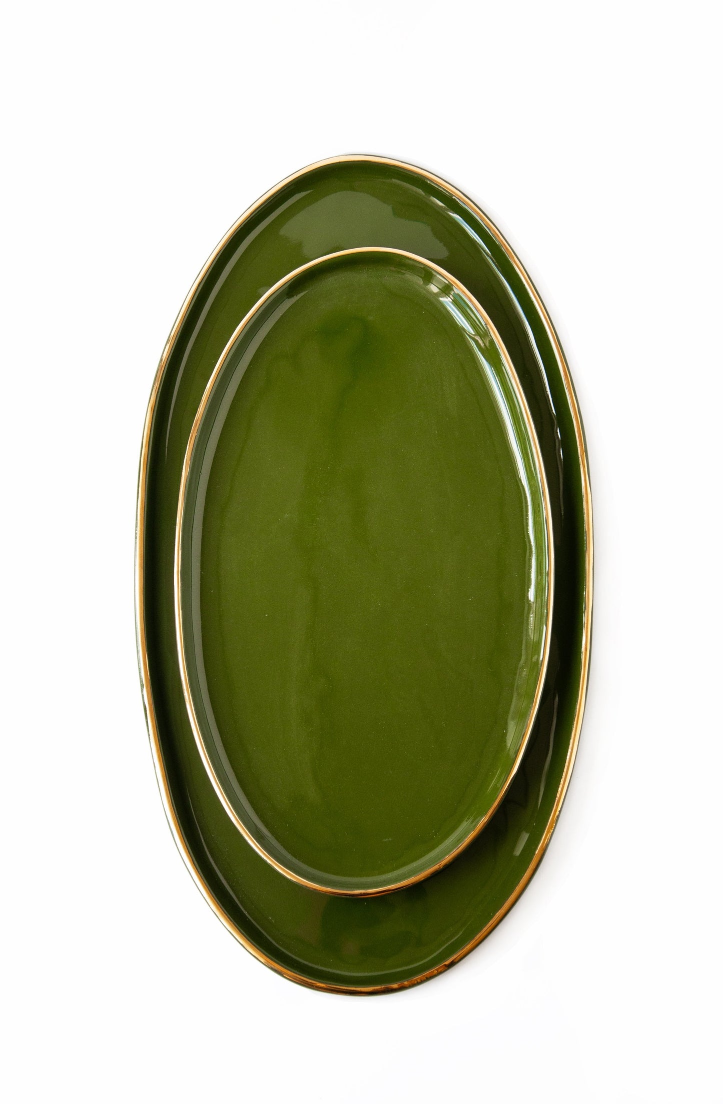 Handmade Porcelain Oval Serving Platter with Gold Rim. Green