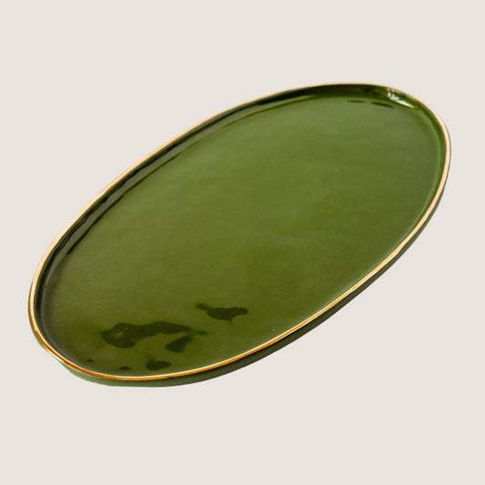 Handmade Porcelain Oval Serving Platter with Gold Rim. Green