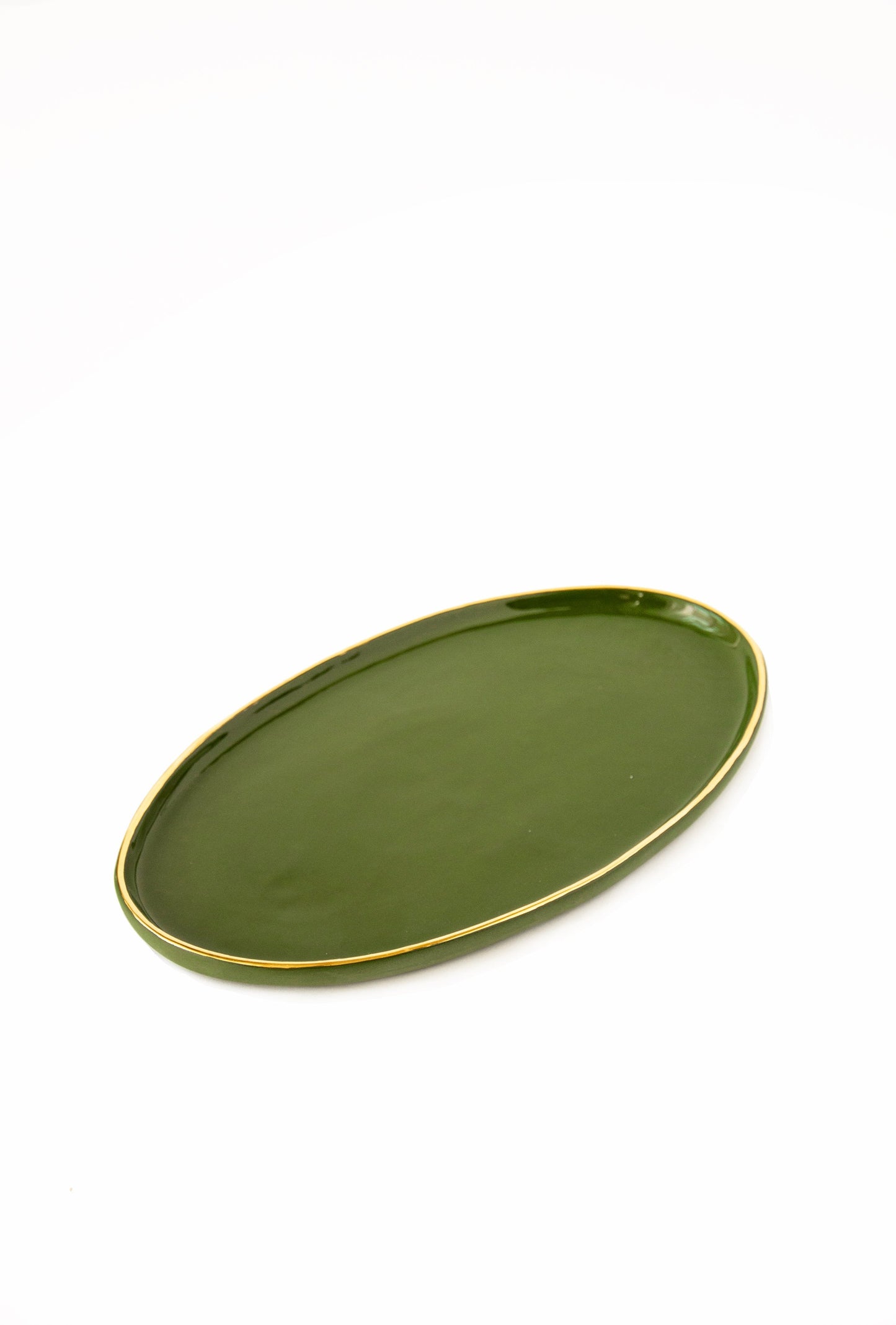 Handmade Porcelain Oval Serving Platter with Gold Rim. Green