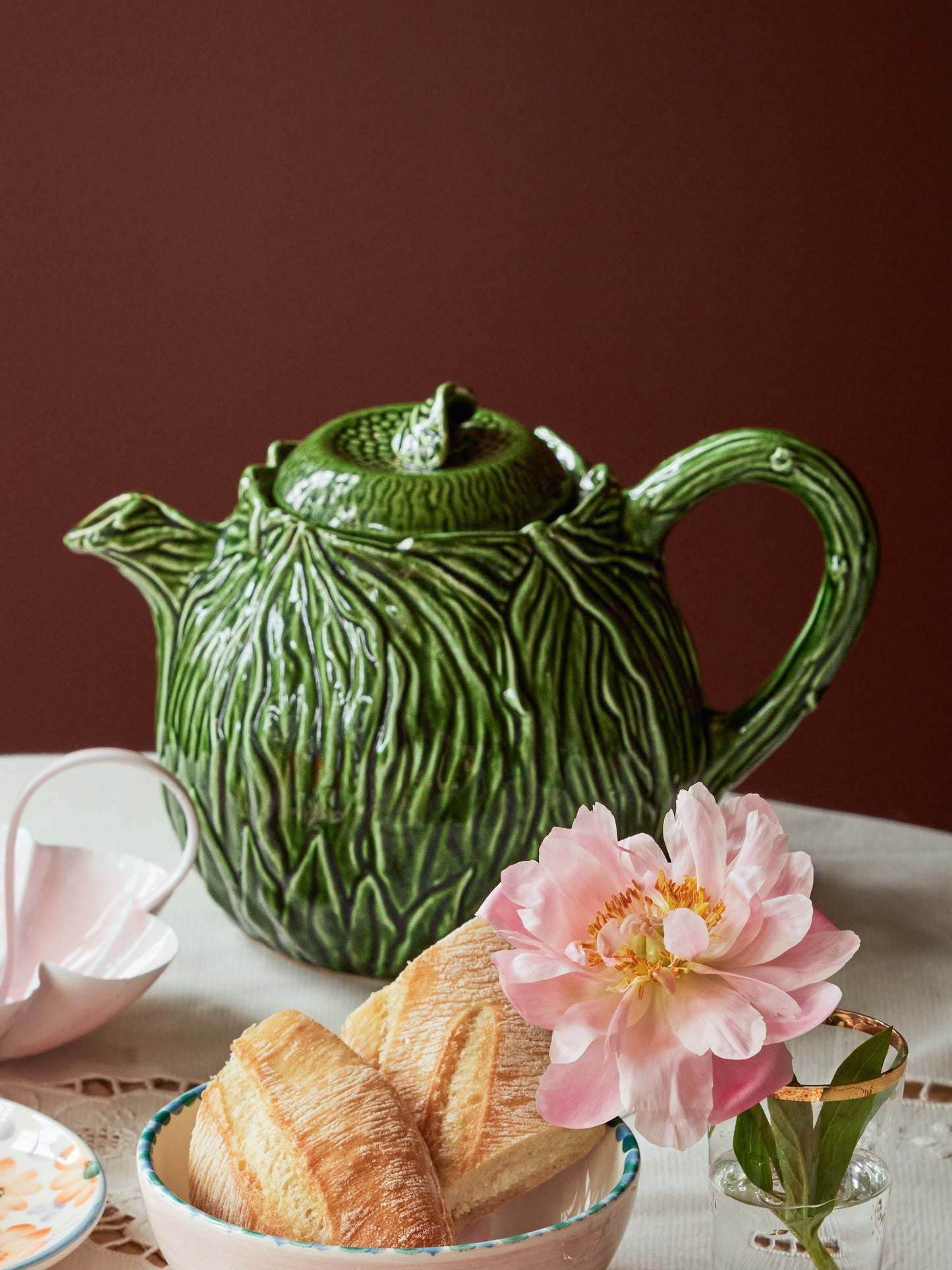 Ceramic Teapot with Embossed Kale Design - Hand Painted
