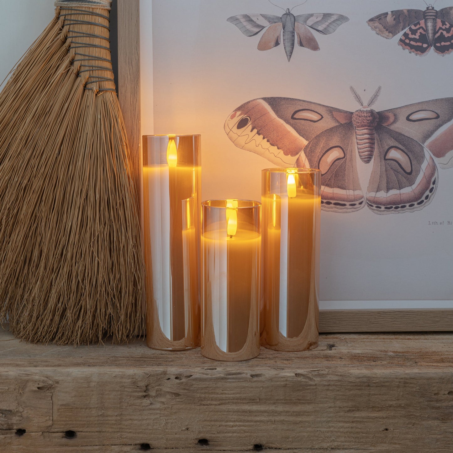 Amber Pillar Flameless LED Glass Candle Set of 3 | Remote & Timer Included for Easy Ambiance