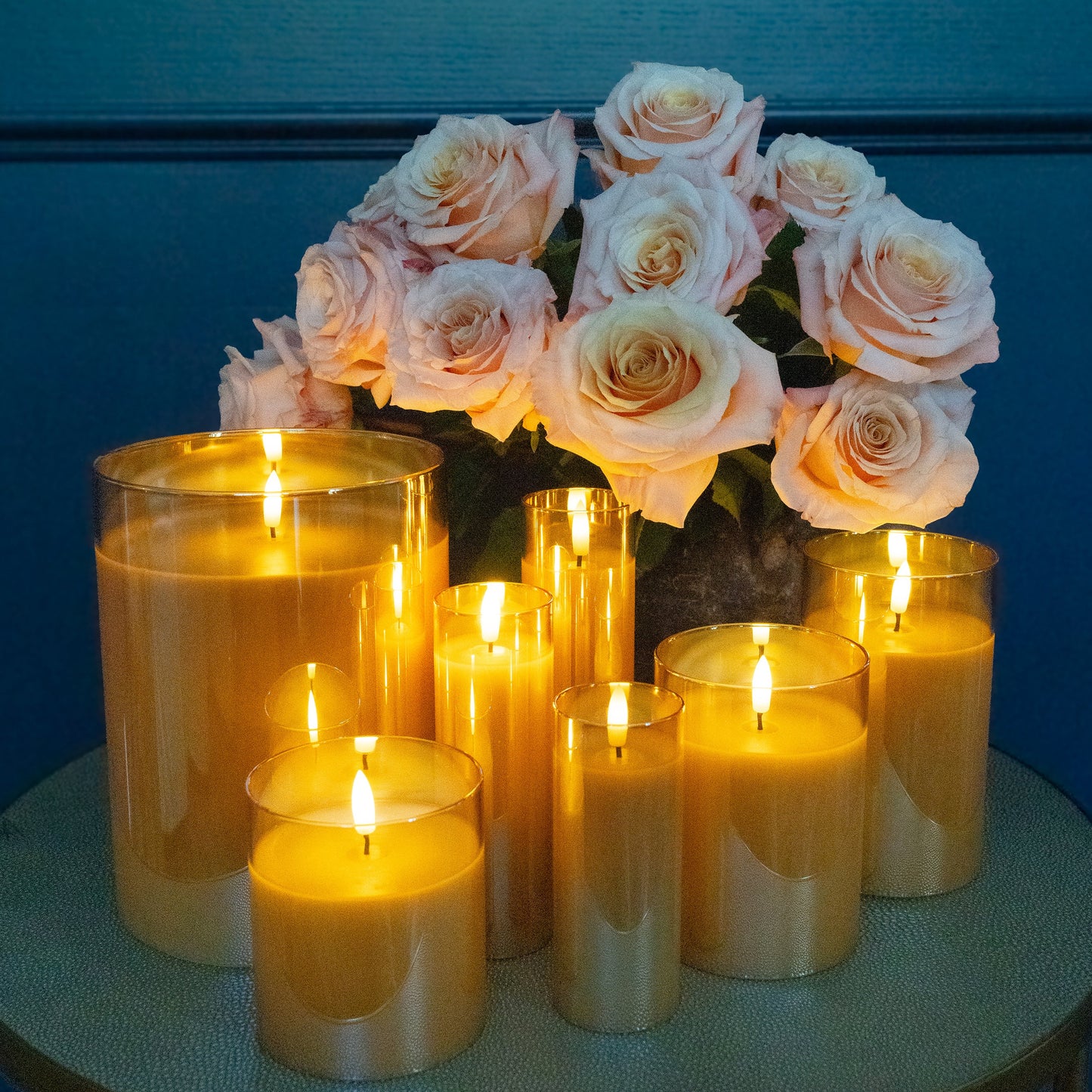 Amber Pillar Flameless LED Glass Candle Set of 3 | Remote & Timer Included for Easy Ambiance