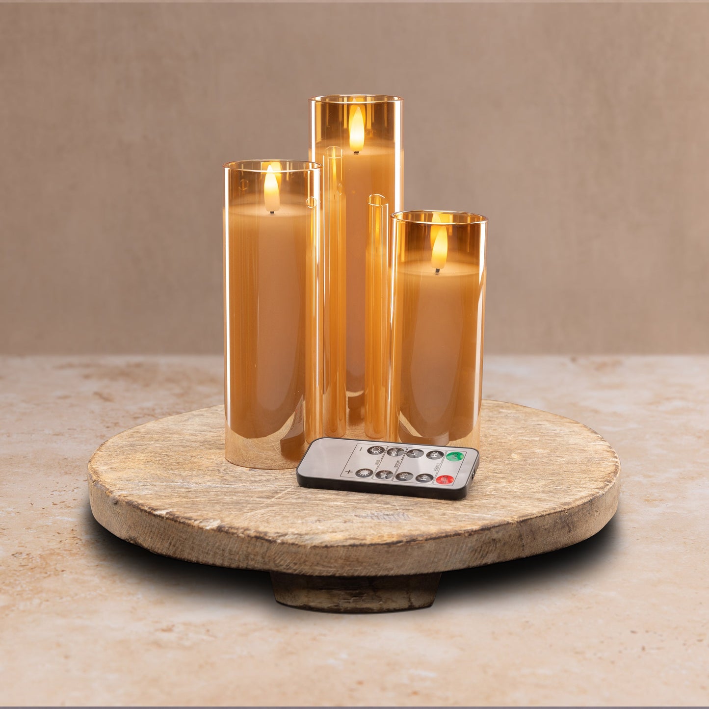 Amber Pillar Flameless LED Glass Candle Set of 3 | Remote & Timer Included for Easy Ambiance
