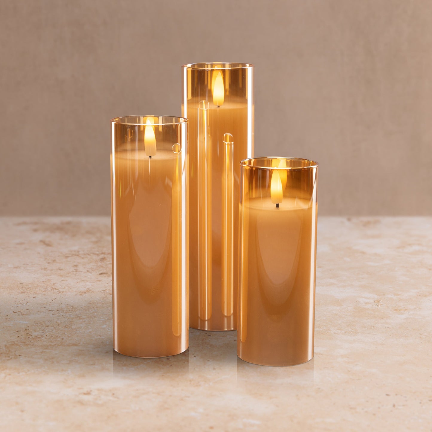 Amber Pillar Flameless LED Glass Candle Set of 3 | Remote & Timer Included for Easy Ambiance
