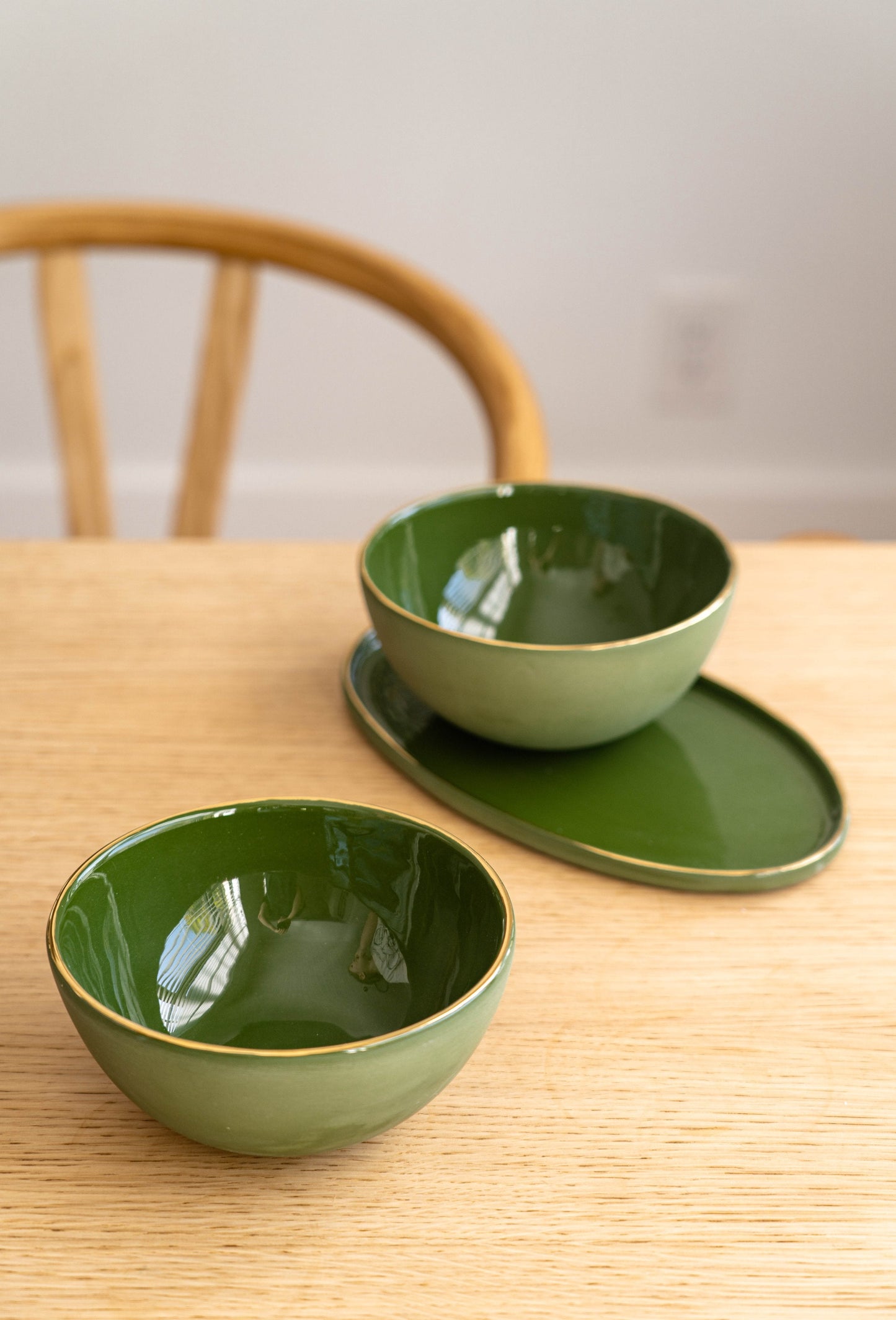 Handmade Porcelain Oval Serving Platter with Gold Rim. Green