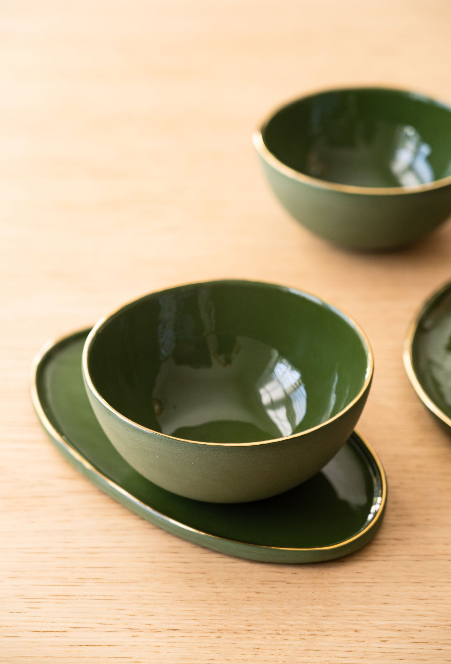 Handmade Porcelain Oval Serving Platter with Gold Rim. Green