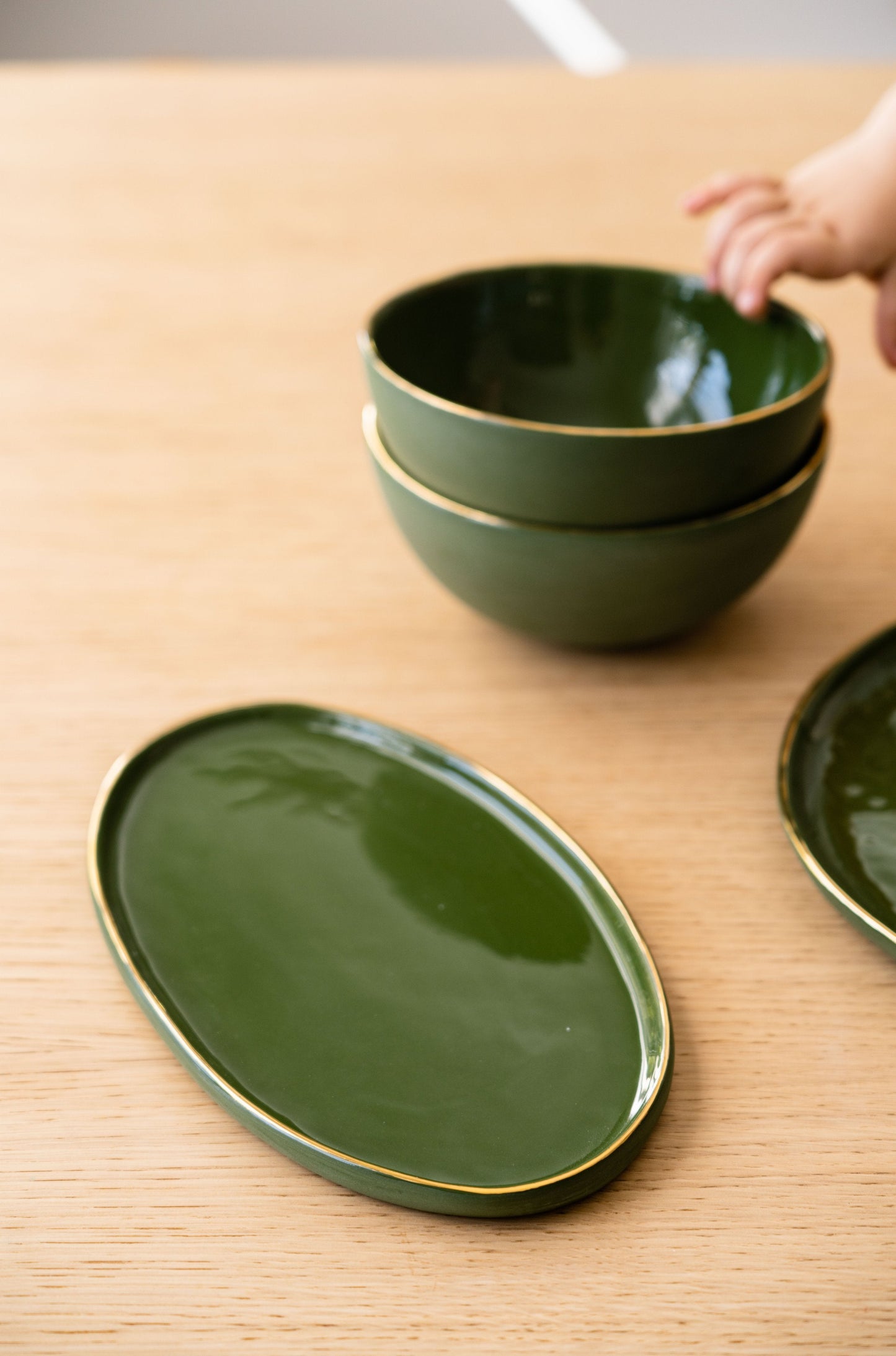 Handmade Porcelain Oval Serving Platter with Gold Rim. Green