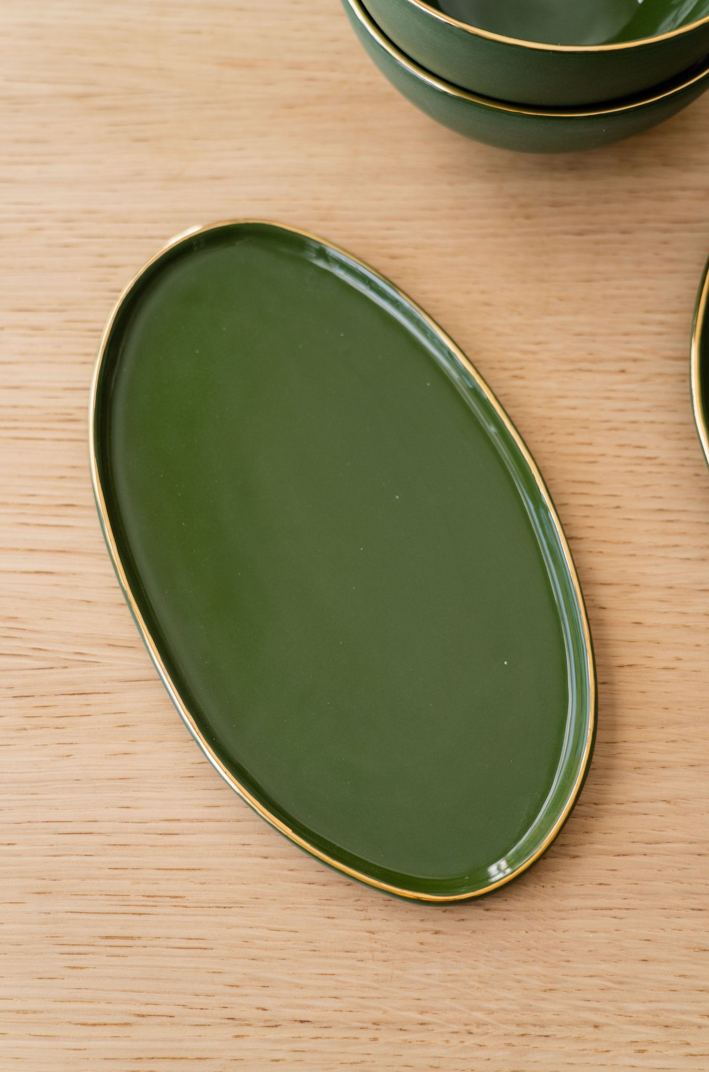 Handmade Porcelain Oval Serving Platter with Gold Rim. Green
