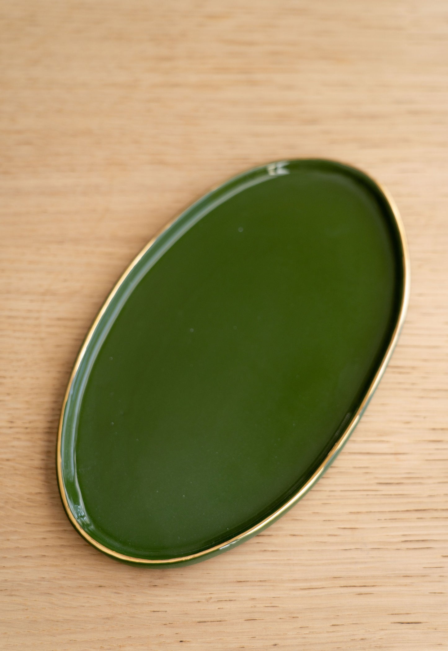 Handmade Porcelain Oval Serving Platter with Gold Rim. Green