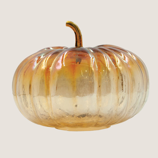 Amber Iridescent Glass Pumpkin with Brass Stem