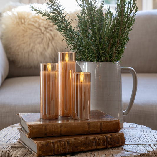 Amber Pillar Flameless LED Glass Candle Set of 3 | Remote & Timer Included for Easy Ambiance
