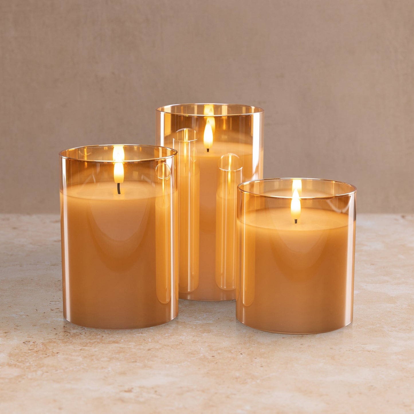 Flameless LED Hurricane Glass Candles - Amber  - Set of 3 with Remote and Timer