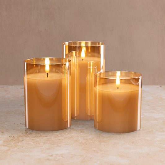Flameless LED Hurricane Glass Candles - Amber  - Set of 3 with Remote and Timer