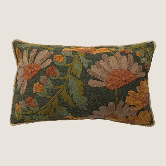 Embroidered Autumn Floral Cotton Slub Pillow with Fringe