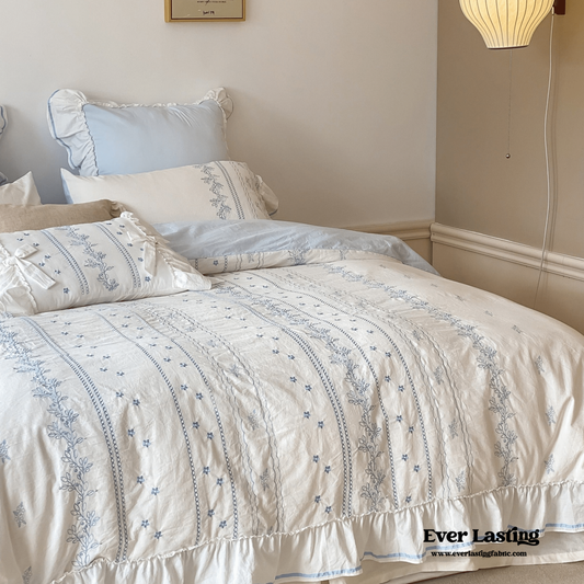 Embroidered French Lace Ruffle Duvet Cover / Blue