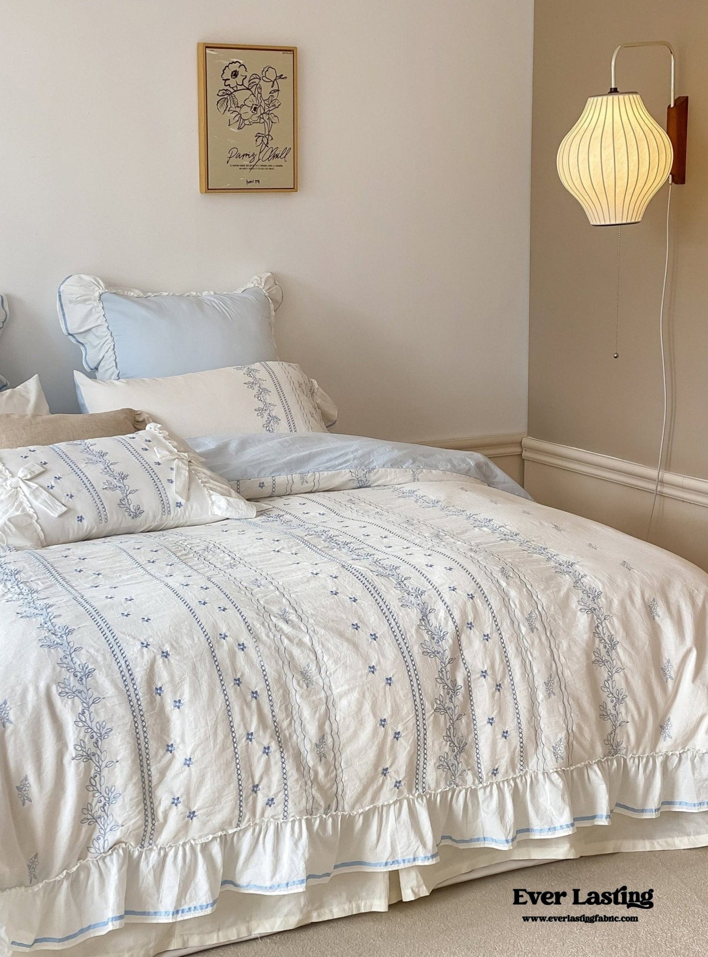 Embroidered French Lace Ruffle Duvet Cover / Blue