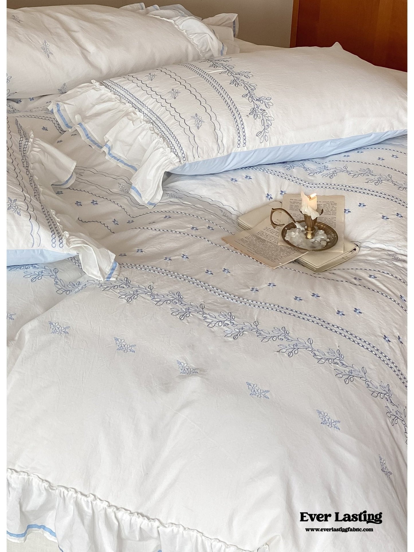 Embroidered French Lace Ruffle Duvet Cover / Blue