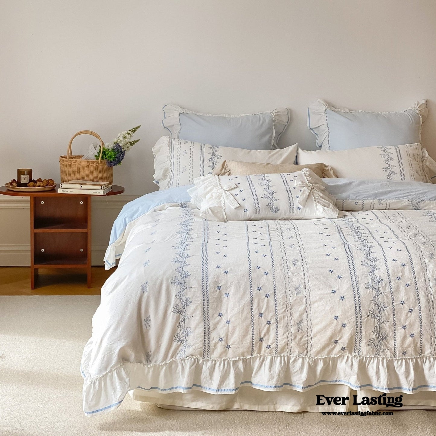 Embroidered French Lace Ruffle Duvet Cover / Blue