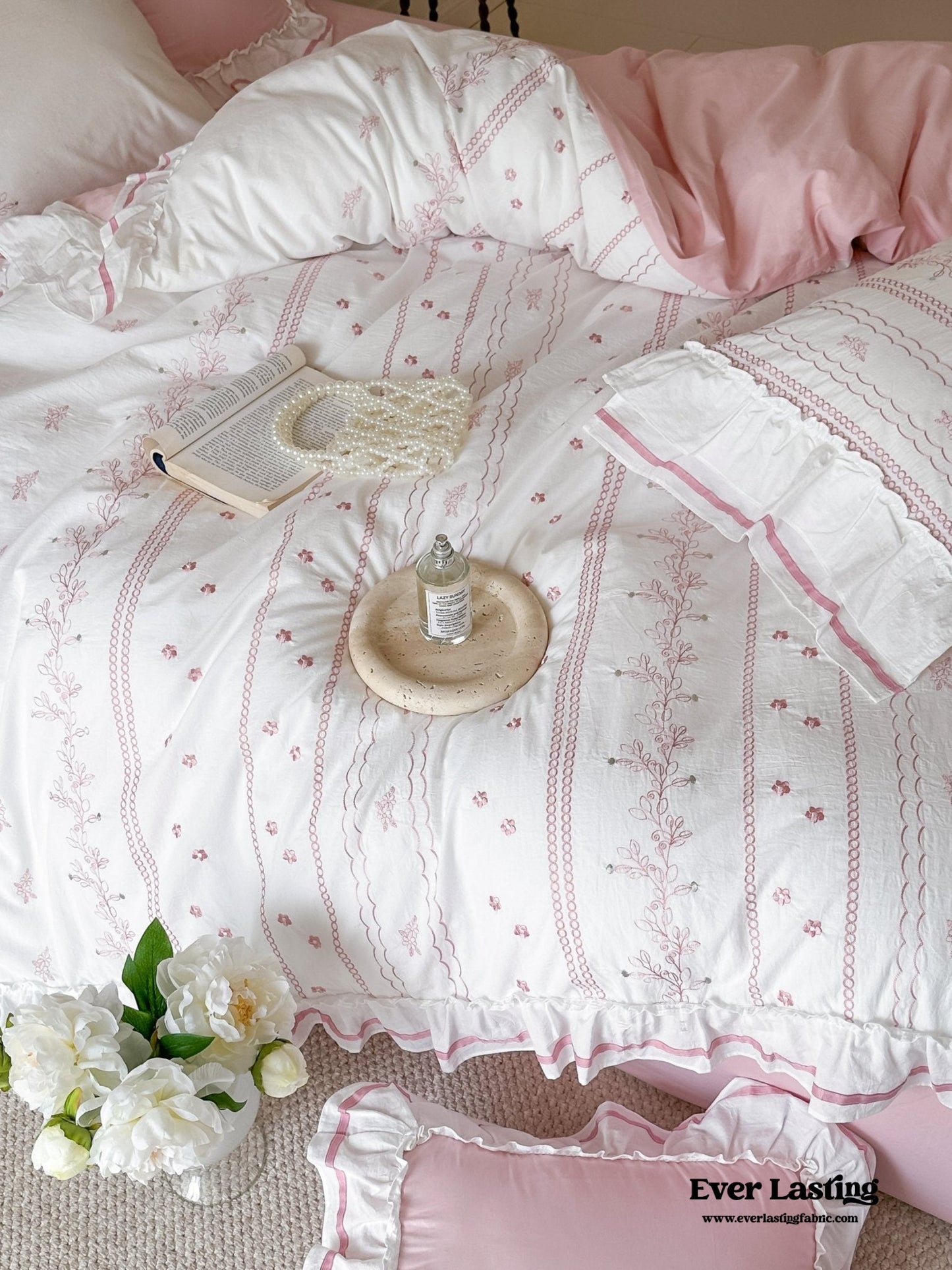 Embroidered French Lace Ruffle Duvet Cover / Blue