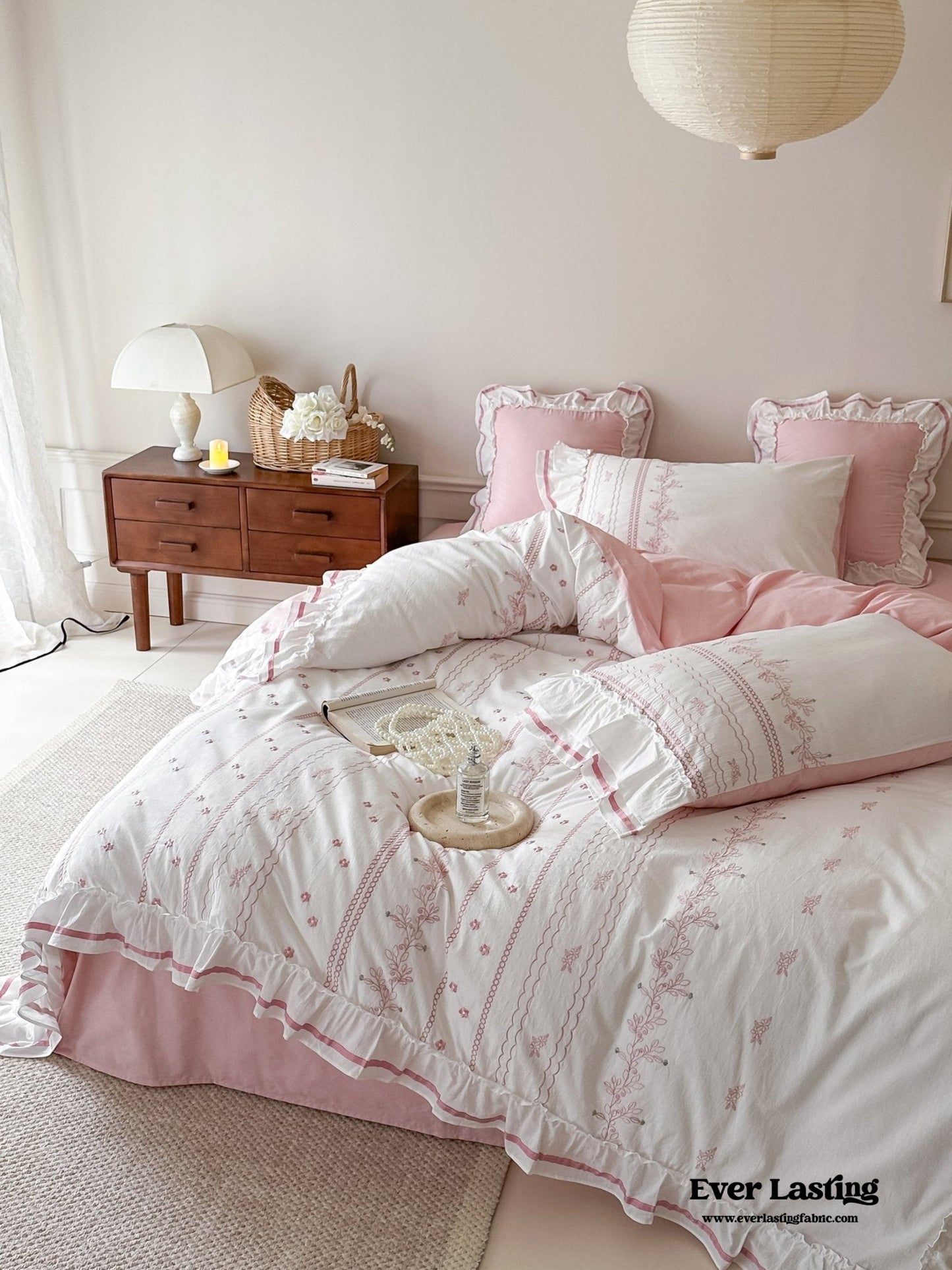 Embroidered French Lace Ruffle Duvet Cover / Blue