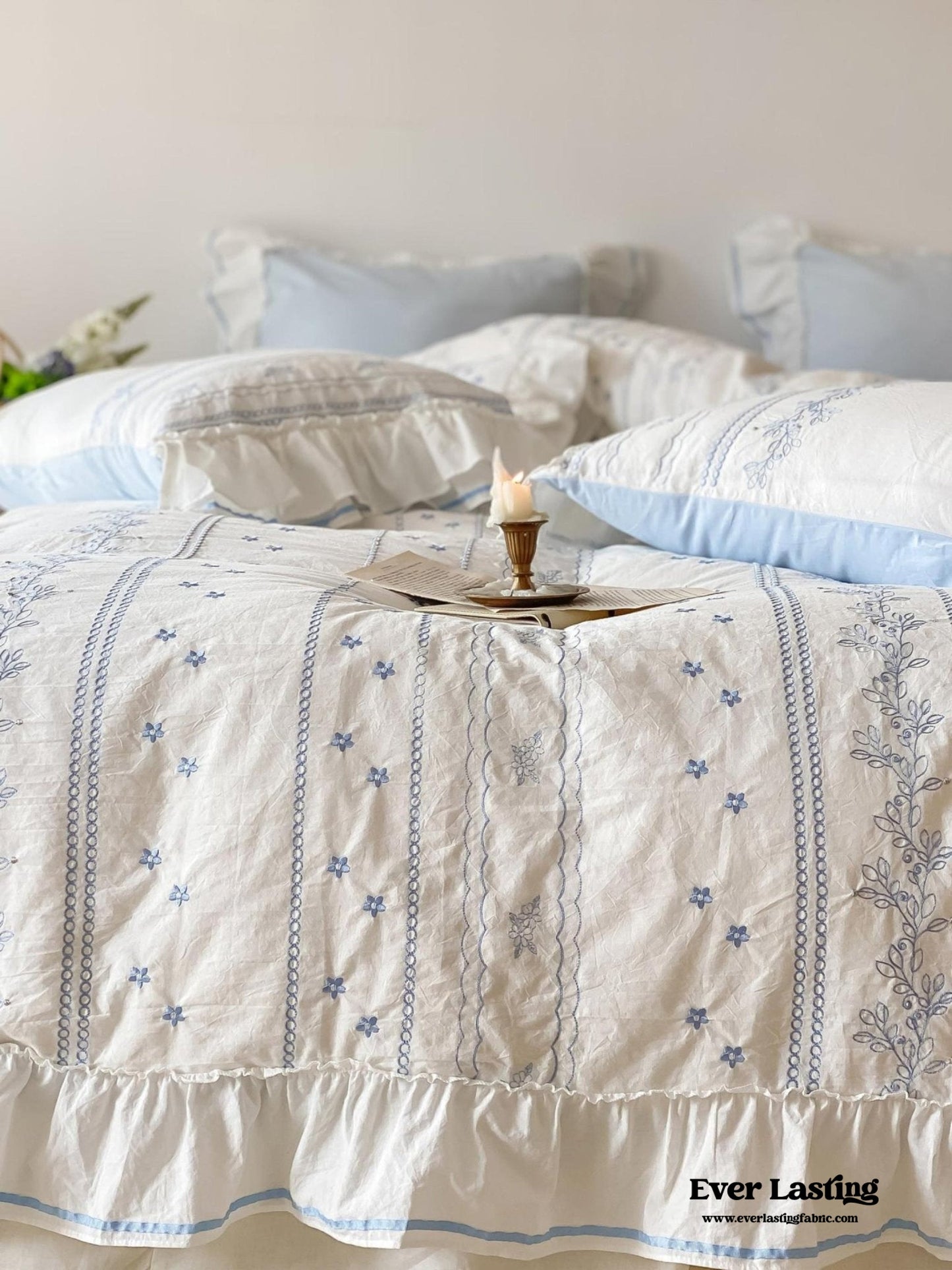 Embroidered French Lace Ruffle Duvet Cover / Blue