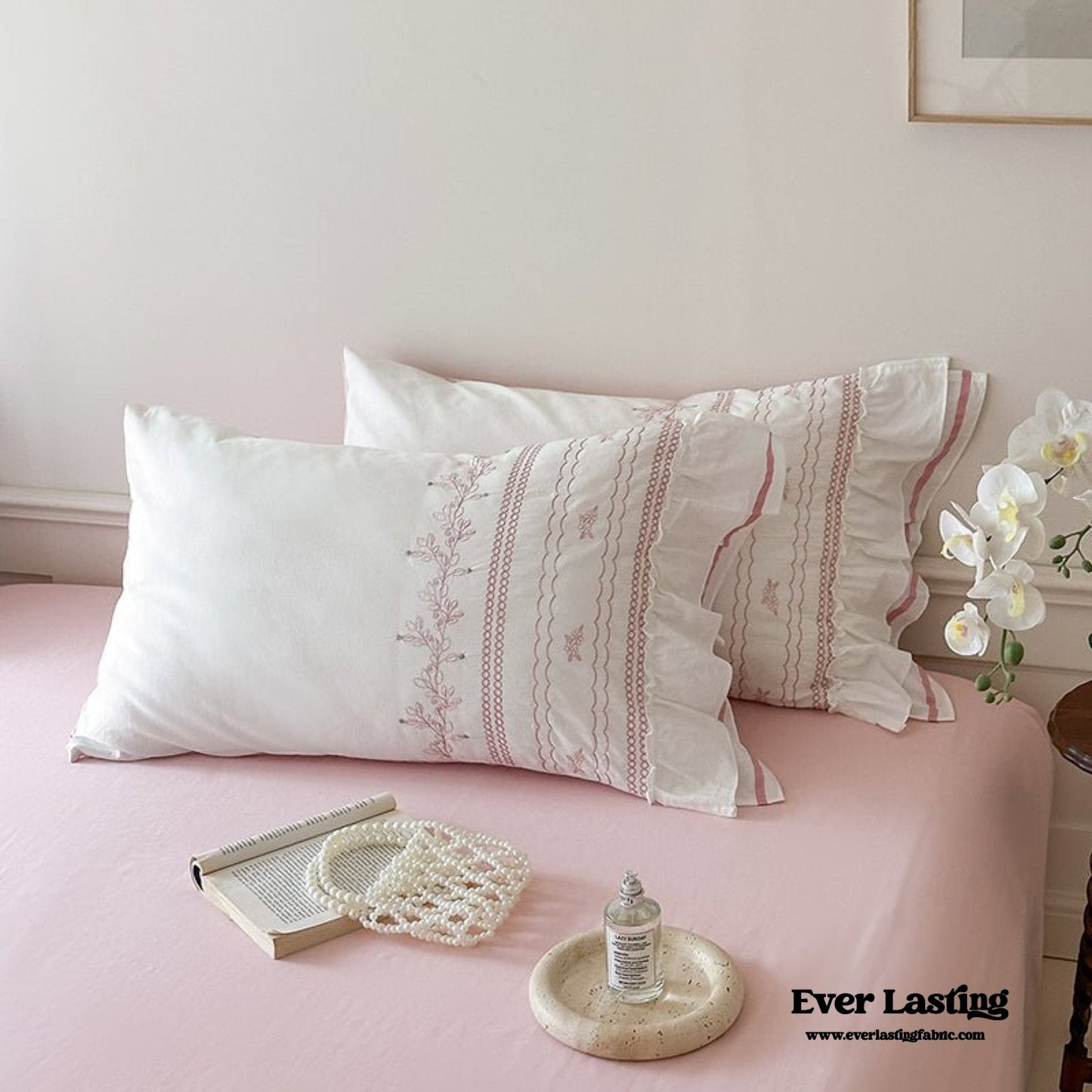 Embroidered French Lace Ruffle Pillowcases / Blue