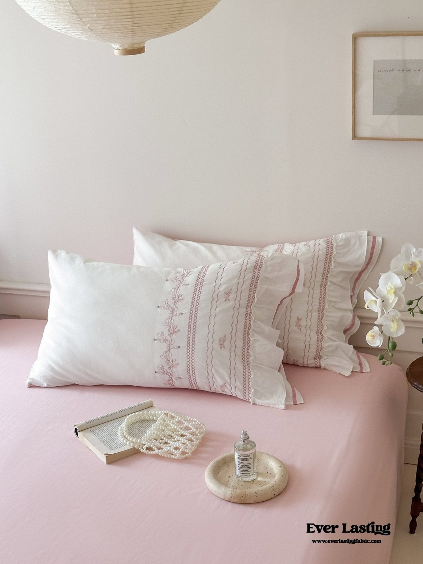 Embroidered French Lace Ruffle Pillowcases / Blue