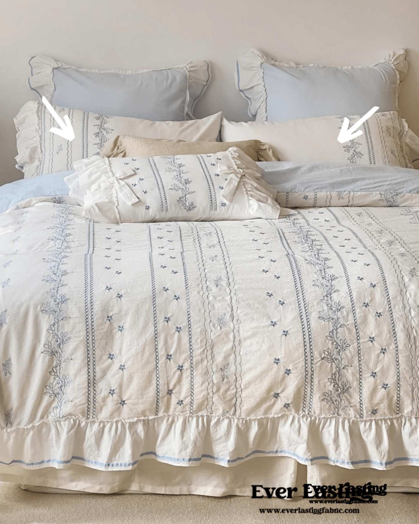 Embroidered French Lace Ruffle Pillowcases / Blue