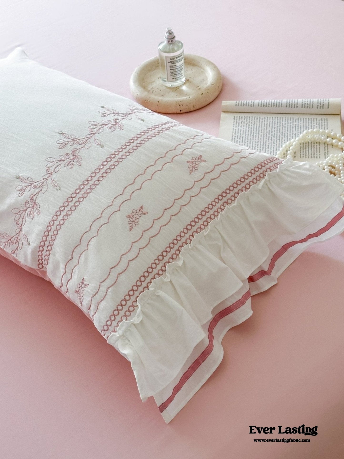 Embroidered French Lace Ruffle Pillowcases / Blue