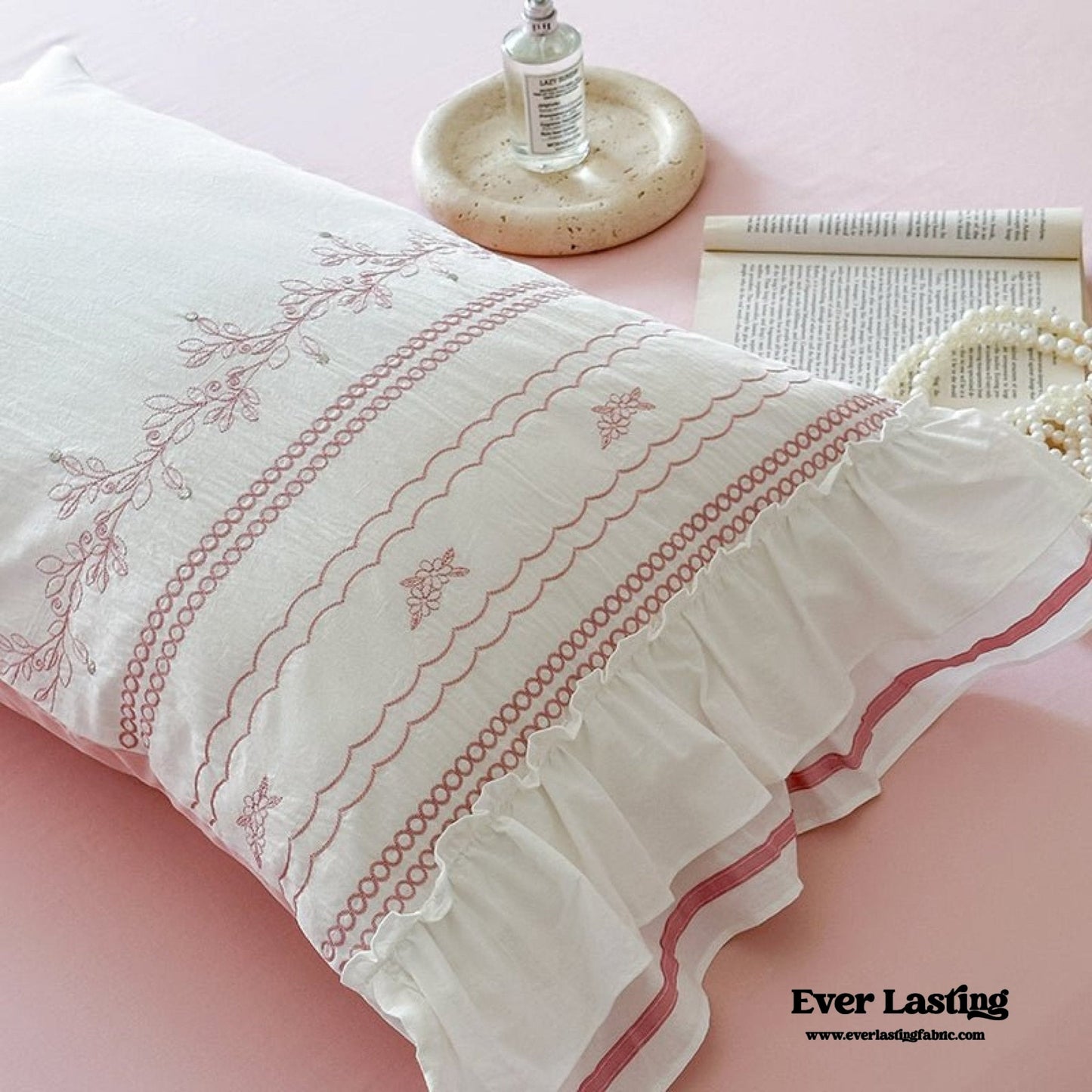 Embroidered French Lace Ruffle Pillowcases / Blue