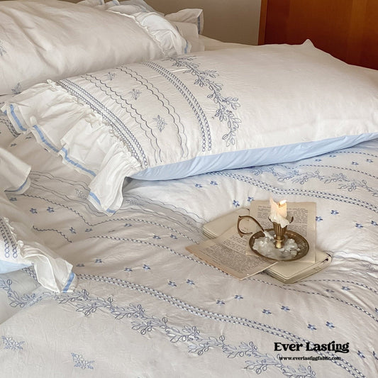 Embroidered French Lace Ruffle Pillowcases / Blue