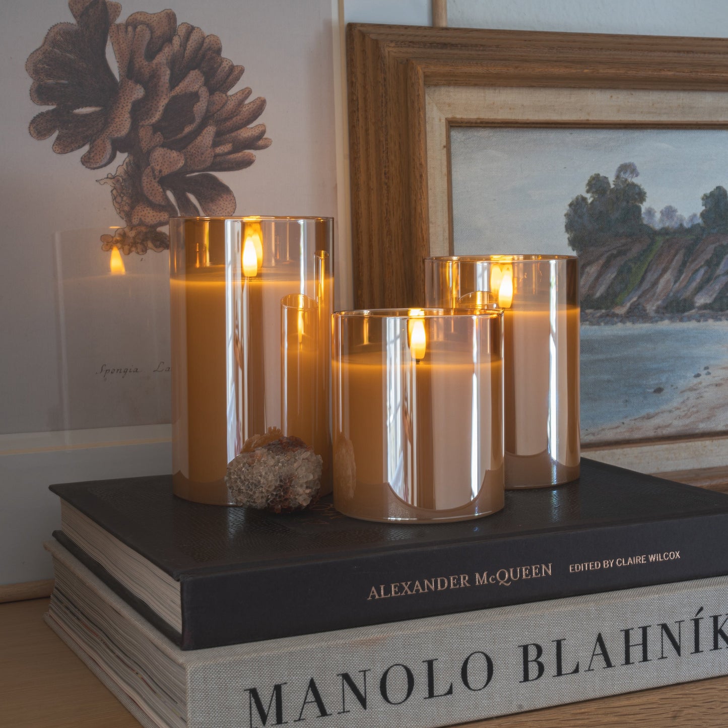 Flameless LED Hurricane Glass Candles - Amber  - Set of 3 with Remote and Timer