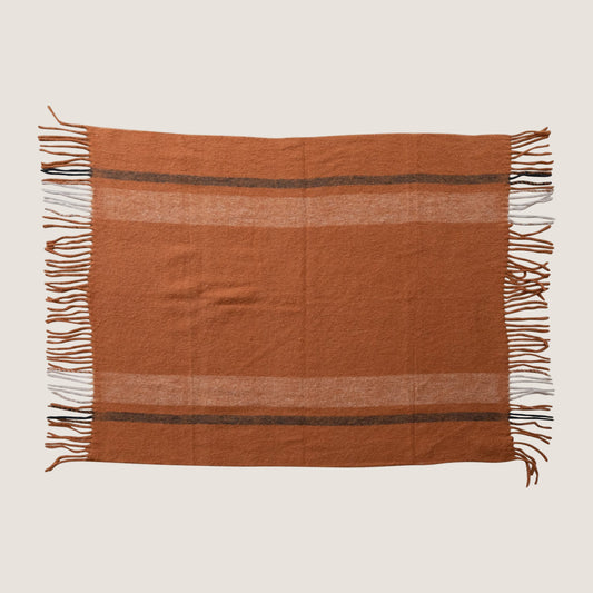Brushed Orange Throw Blanket with Stripes & Fringe