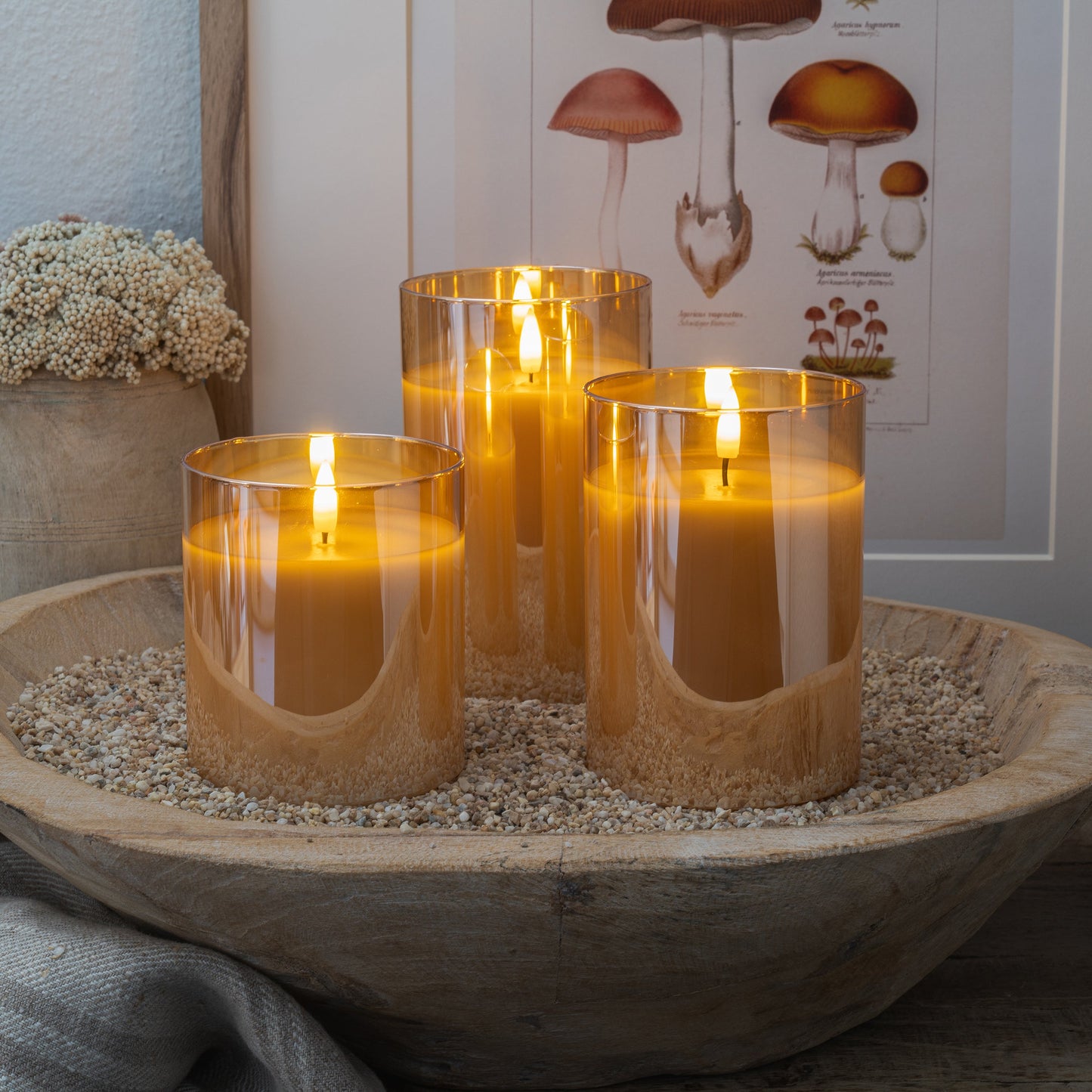 Flameless LED Hurricane Glass Candles - Amber  - Set of 3 with Remote and Timer